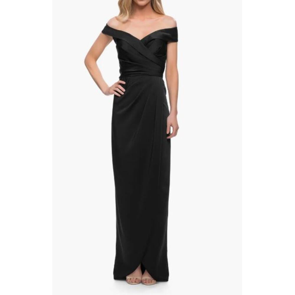 NWT! La Femme Long Jersey Dress Ruching Cap‎ Sleeves Black 0